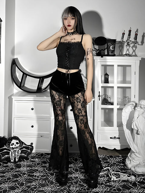 Y2K Gothic Velvet Lace Flare Pants