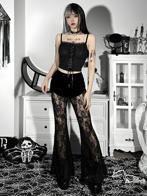Y2K Gothic Velvet Lace Flare Pants
