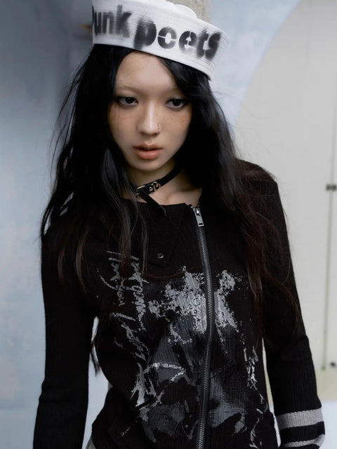 Y2K Grunge Asymmetric Zip-Up Cardigan