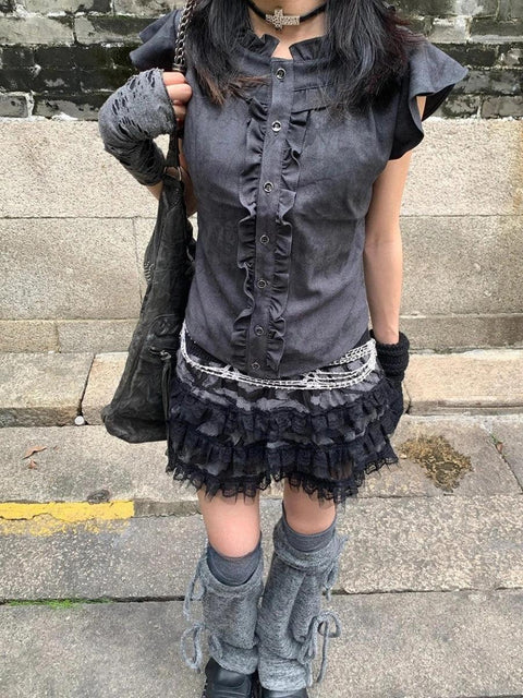 Y2K Grunge Lace Ruffled Mini Skirt
