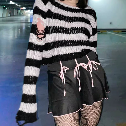 Y2K Grunge Striped Distressed Sweater