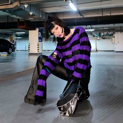Y2K Grunge Striped Distressed Sweater