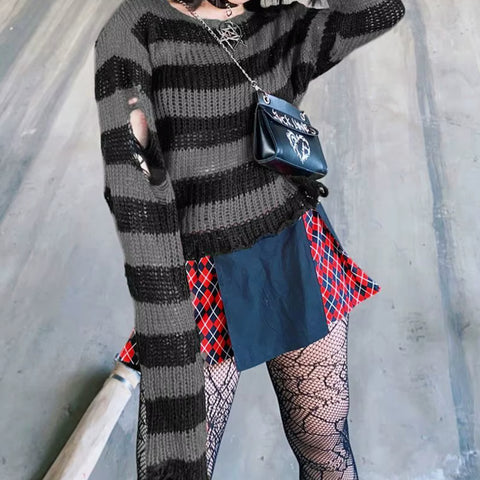Y2K Grunge Striped Distressed Sweater