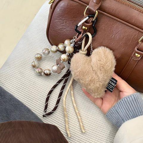 Y2K Heart Plush & Leather Bag Charm