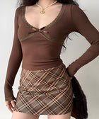 Y2K Lace Trim Bow Plunge Neck Top