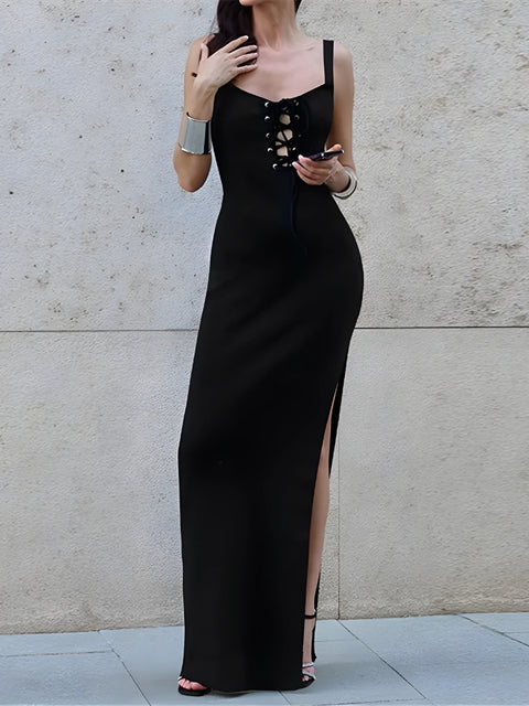 Y2K Lace-Up High Slit Maxi Dress