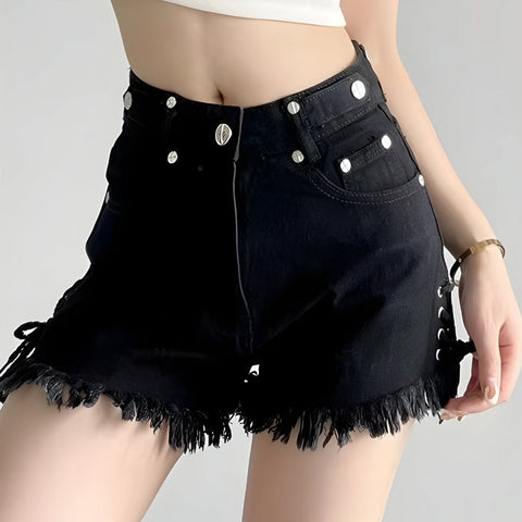 Y2K Lace Up Side Patch Denim Shorts