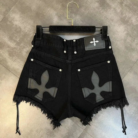 Y2K Lace Up Side Patch Denim Shorts