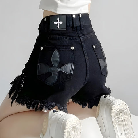 Y2K Lace Up Side Patch Denim Shorts