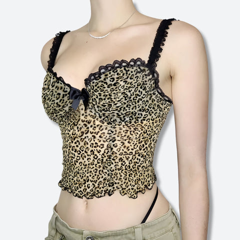 Y2K Leopard Bow Sheer Top