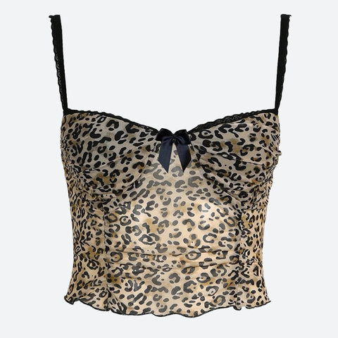 Y2K Leopard Bow Sheer Top