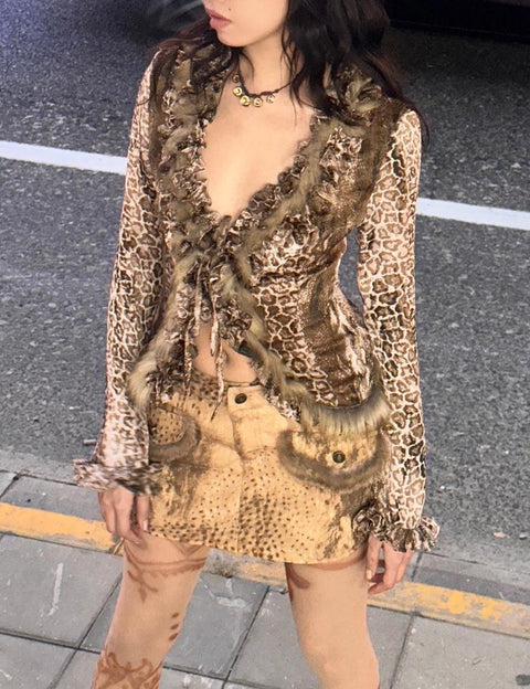 Y2K Leopard Faux Fur Blouse