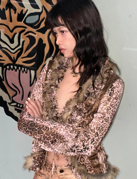 Y2K Leopard Faux Fur Blouse