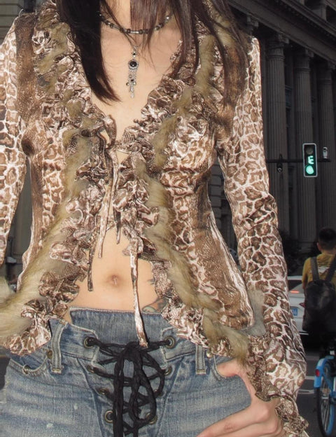 Y2K Leopard Faux Fur Blouse