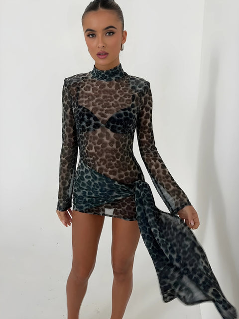 Y2K Leopard Tie Mesh Mini Dress