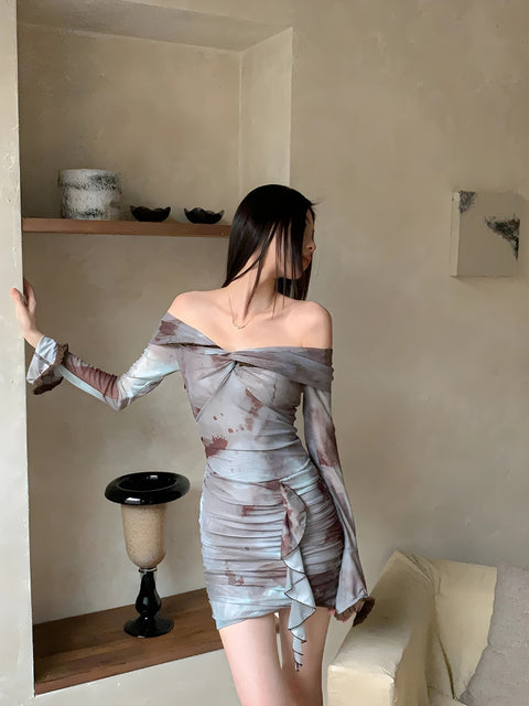 Y2K Marble Off Shoulder Mini Dress