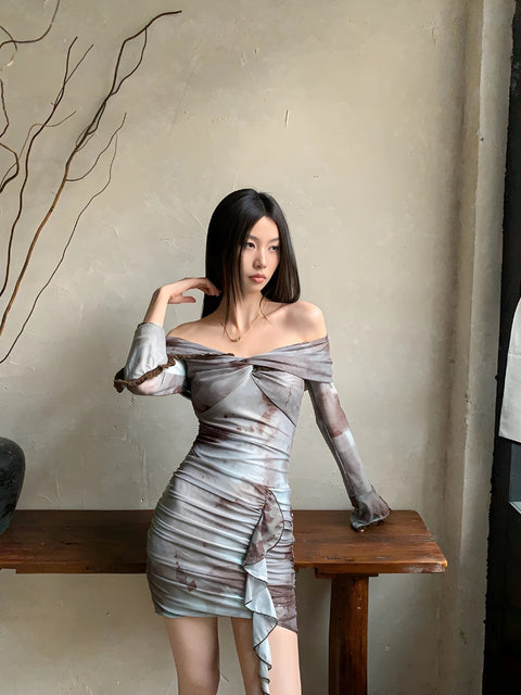Y2K Marble Off Shoulder Mini Dress