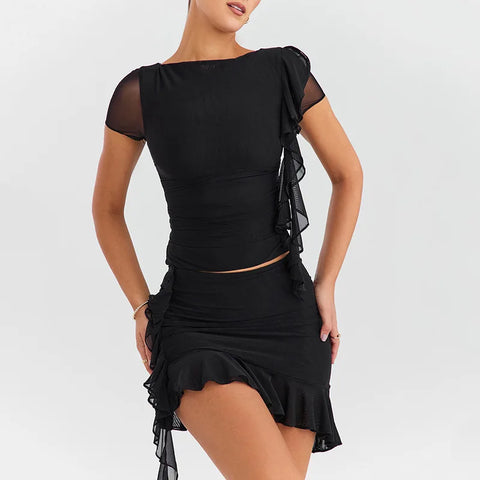 Y2K Mesh Ruffled Top & Mini Skirt Two Piece Set