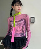 Y2K Mesh Sheer Printed Top
