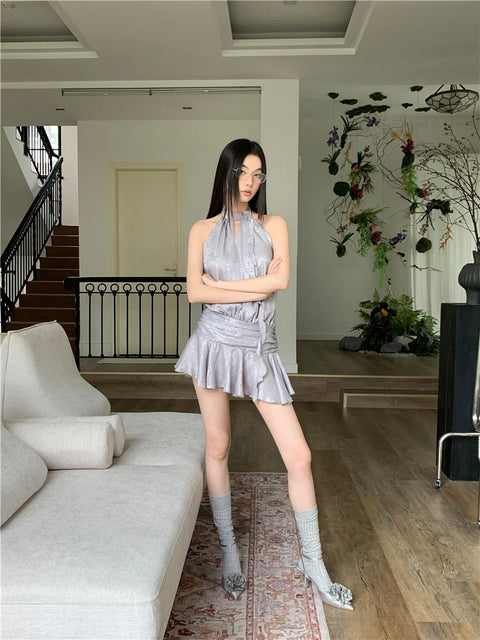 Y2K Metallic Backless Mini Dress
