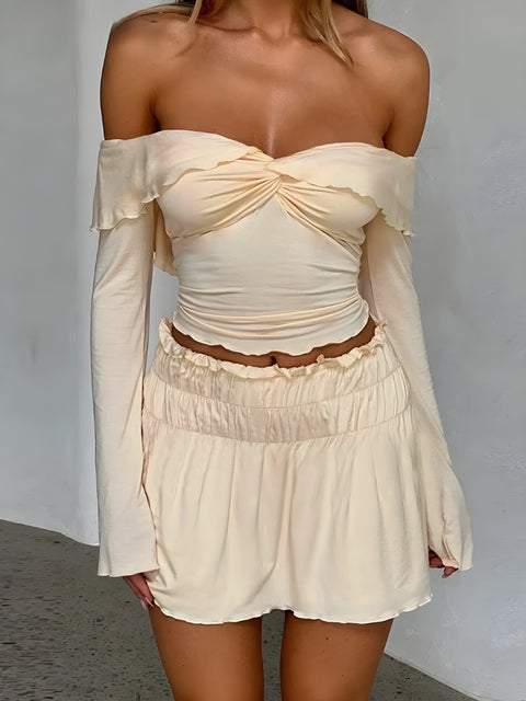Y2K Off Shoulder Crop Top & Mini Skirt Two Piece Set