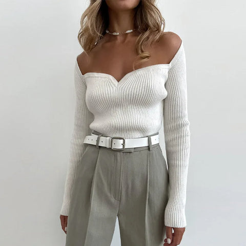 Y2K Off Shoulder Ribbed Knitted Top