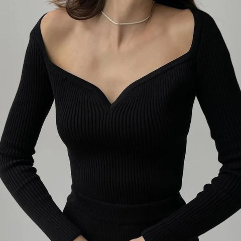 Y2K Off Shoulder Ribbed Knitted Top