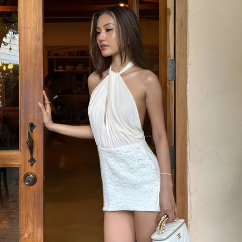 Y2K Pearl Halter Mini Dress