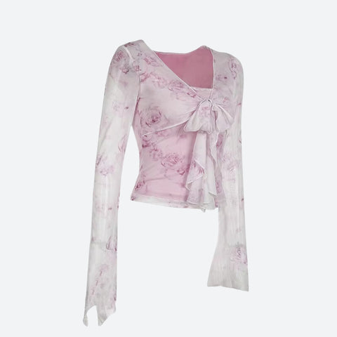 Y2K Pink Rose Mesh Top