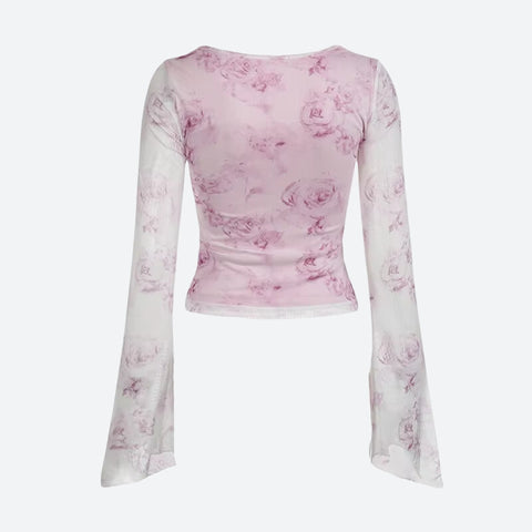 Y2K Pink Rose Mesh Top