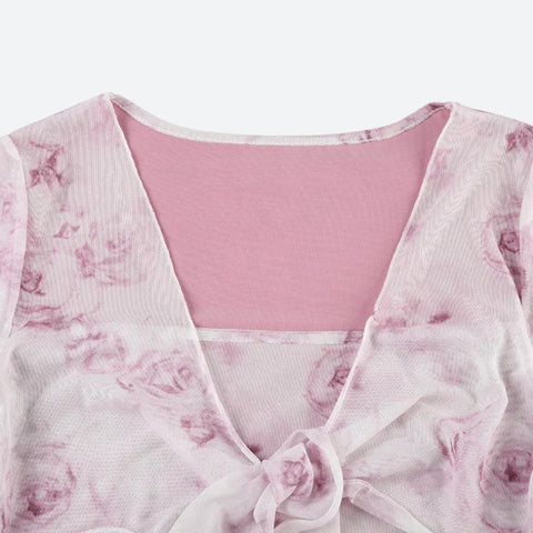 Y2K Pink Rose Mesh Top