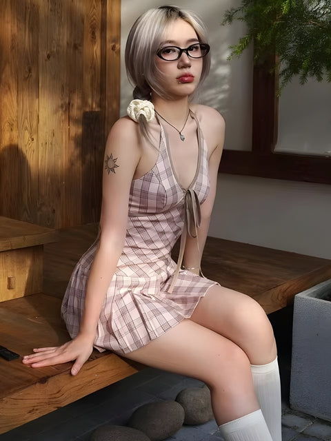 Y2K Plaid Halter Neck Mini Dress