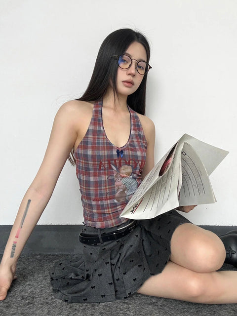 Y2K Plaid Halter Neck Top