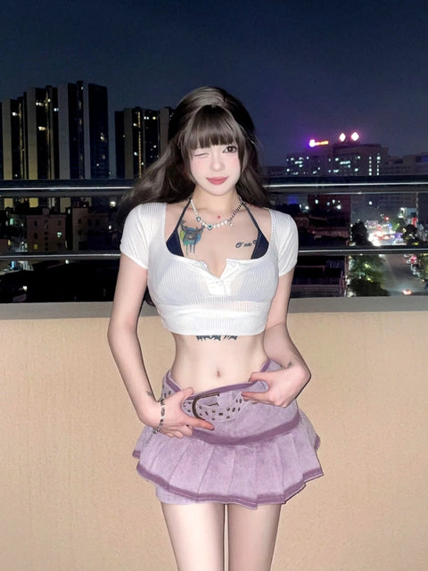 Y2K Pleated Denim Mini Skorts