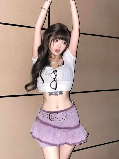 Y2K Pleated Denim Mini Skorts