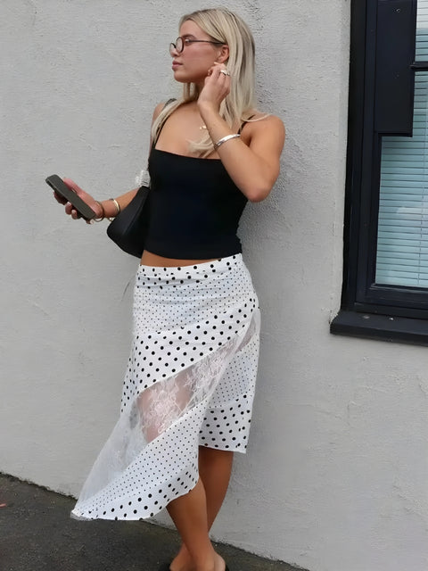 Y2K Polka & Lace Midi Skirt