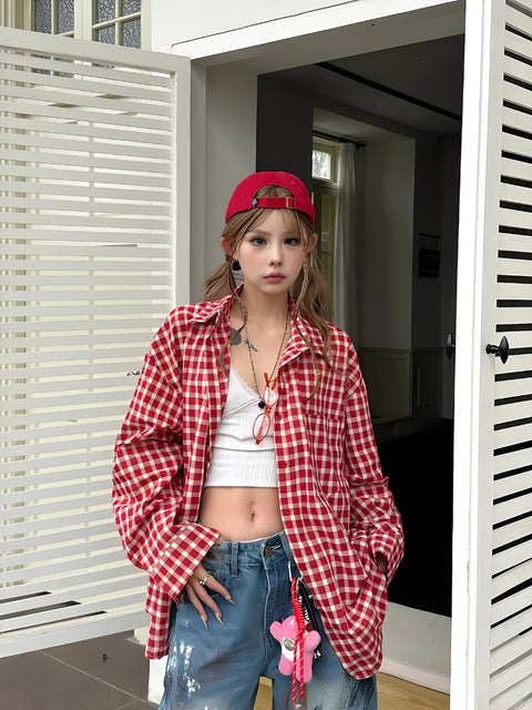 Y2K Red Checkered Oversized Shirt