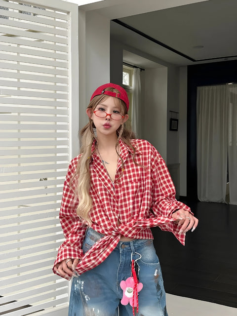 Y2K Red Checkered Oversized Shirt