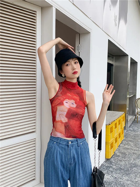 Y2K Red Mesh Top
