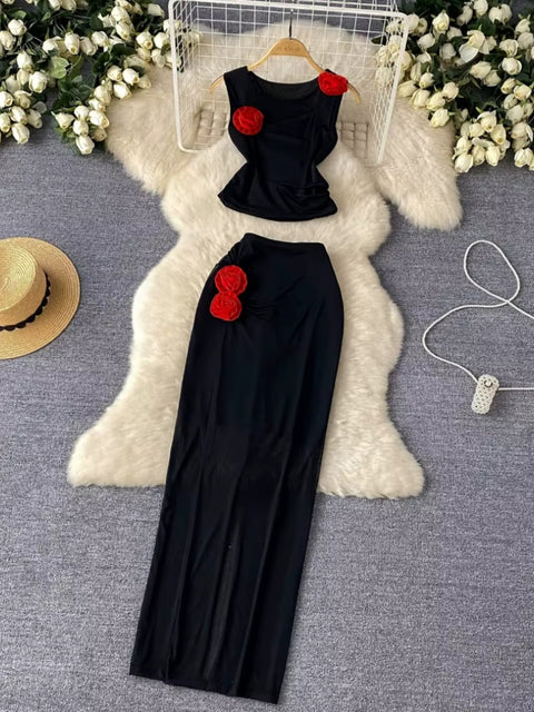 Y2K Red Rose Tank Top & Maxi Skirt Two Piece Set