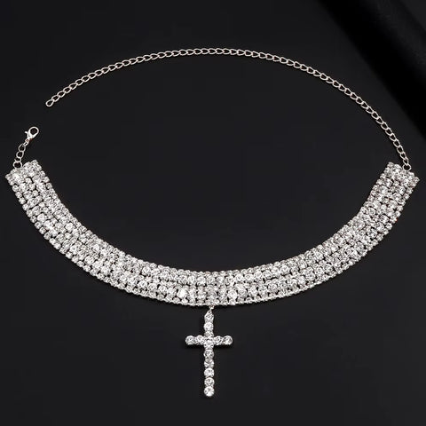 Y2K Rhinestone Cross Choker Necklace
