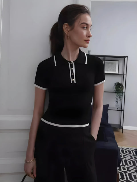 Y2K Ribbed Polo Knit Top