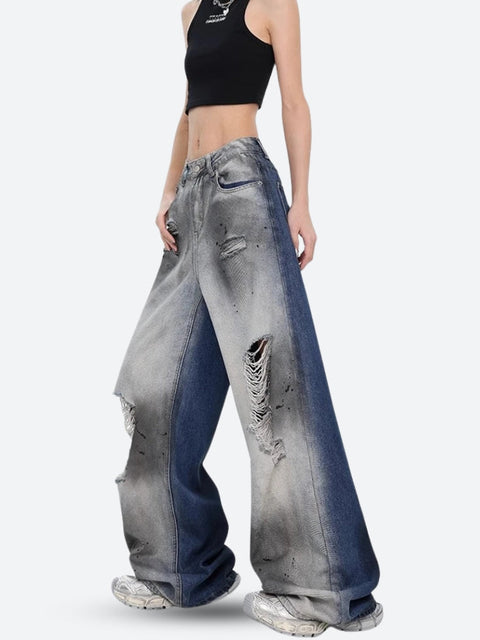 Y2K Ripped Mixed Denim Jeans