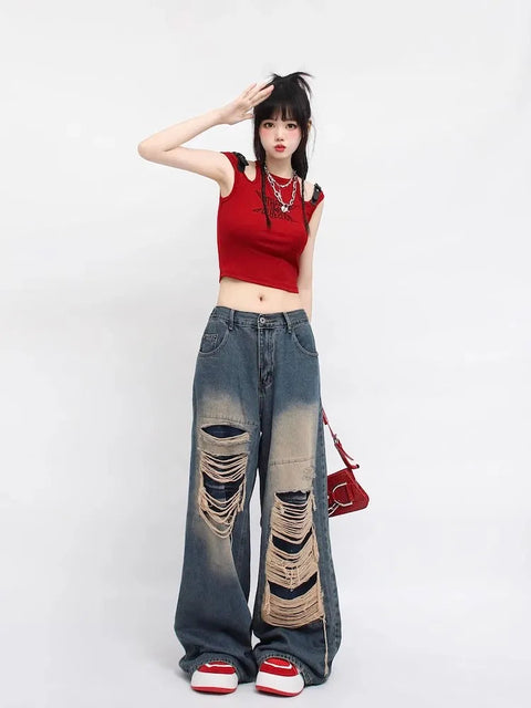 Y2K Ripped Wide Leg Denim Jeans