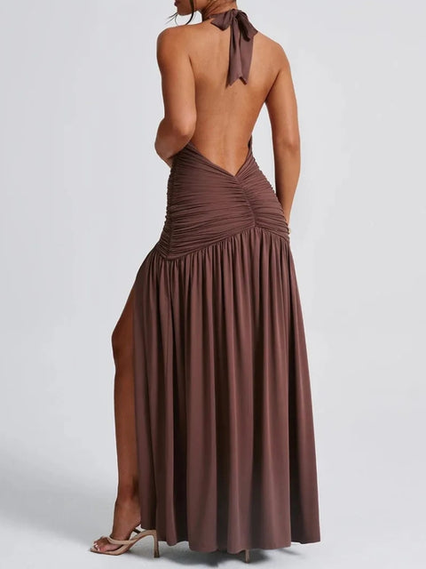 Y2K Ruched Slit Backless Maxi Dress