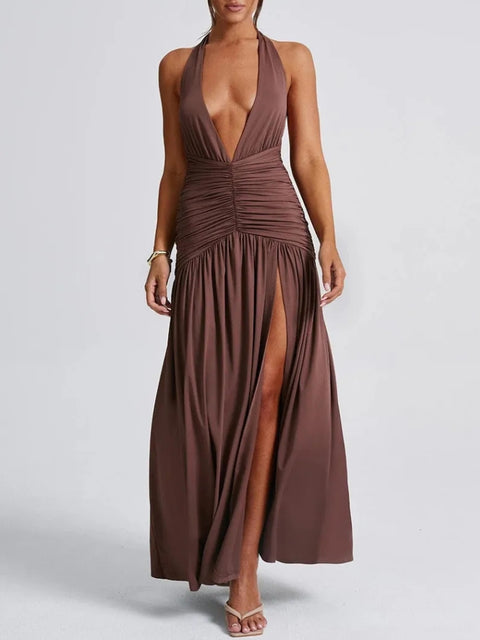 Y2K Ruched Slit Backless Maxi Dress