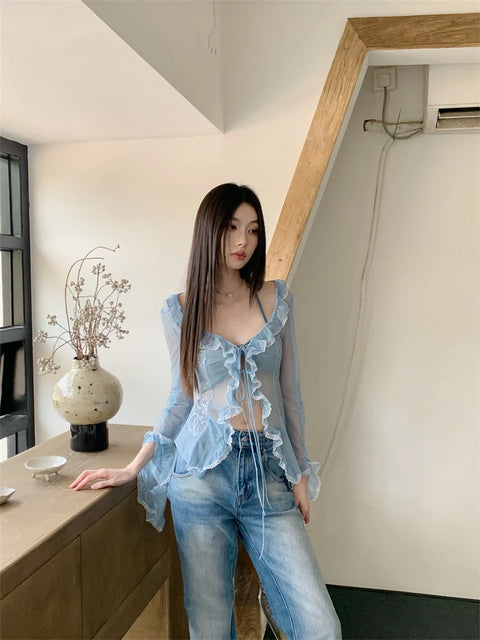 Y2K Ruffled Sheer Blouse