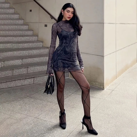 Y2K Sheer Marble Print Mini Dress