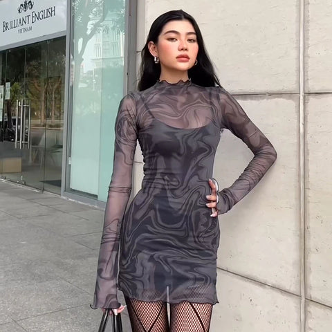 Y2K Sheer Marble Print Mini Dress