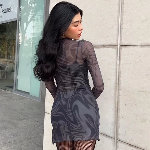 Y2K Sheer Marble Print Mini Dress